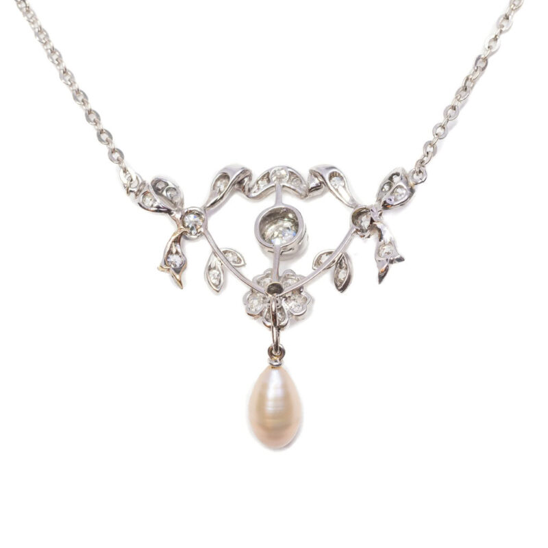 Antique Old Euro Cut Diamond & Pearl Necklet Platinum & Gold Val $7500 #60895