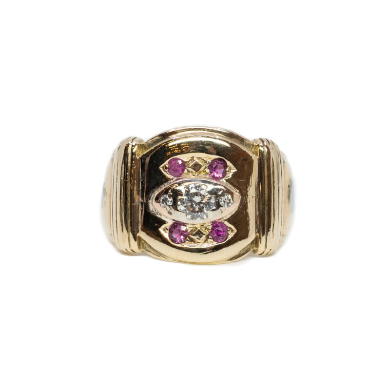 Vintage 14ct Yellow Gold Diamond & Ruby Men's Ring Size U 1/2 #61453