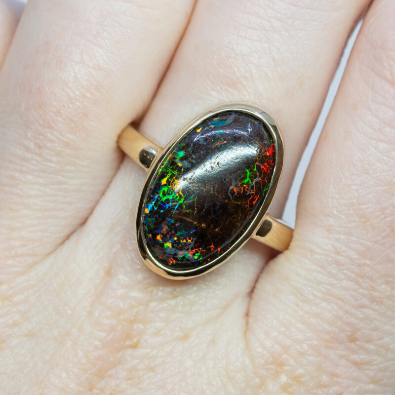 Handmade Boulder Matrix Opal 9ct Yellow Gold Ring Size R #62252