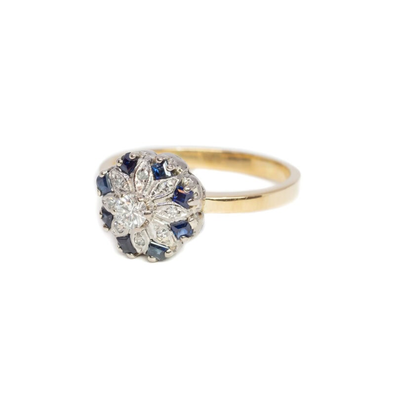 Vintage 18ct Yellow Gold Sapphire & Diamond Cluster Flower Ring Size S #63729