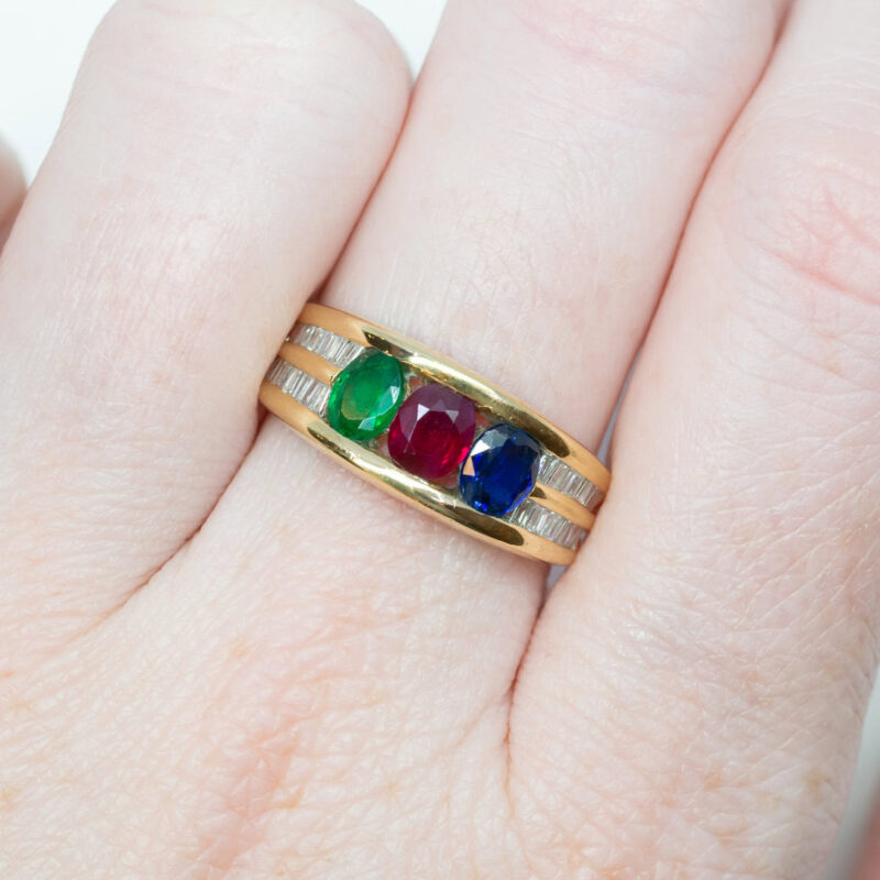 18ct Yellow Gold Ruby, Sapphire, Emerald & Diamond Ring Val $5250 #30398