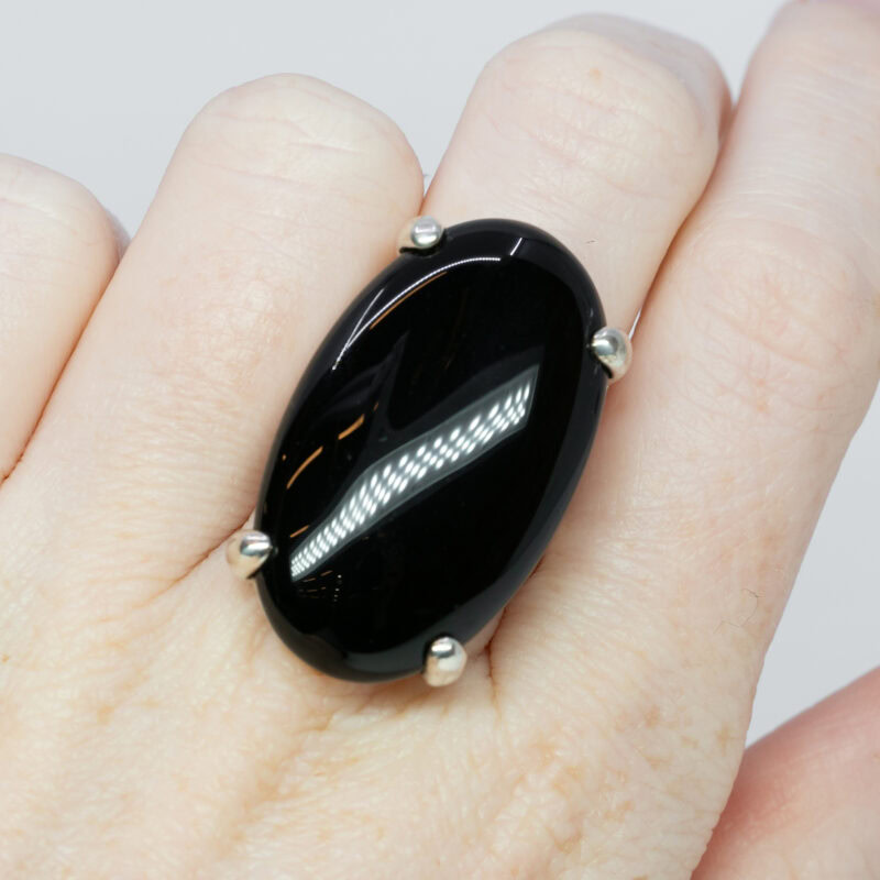 Sterling Silver Large Oval Onyx Ring Size P #7138-1