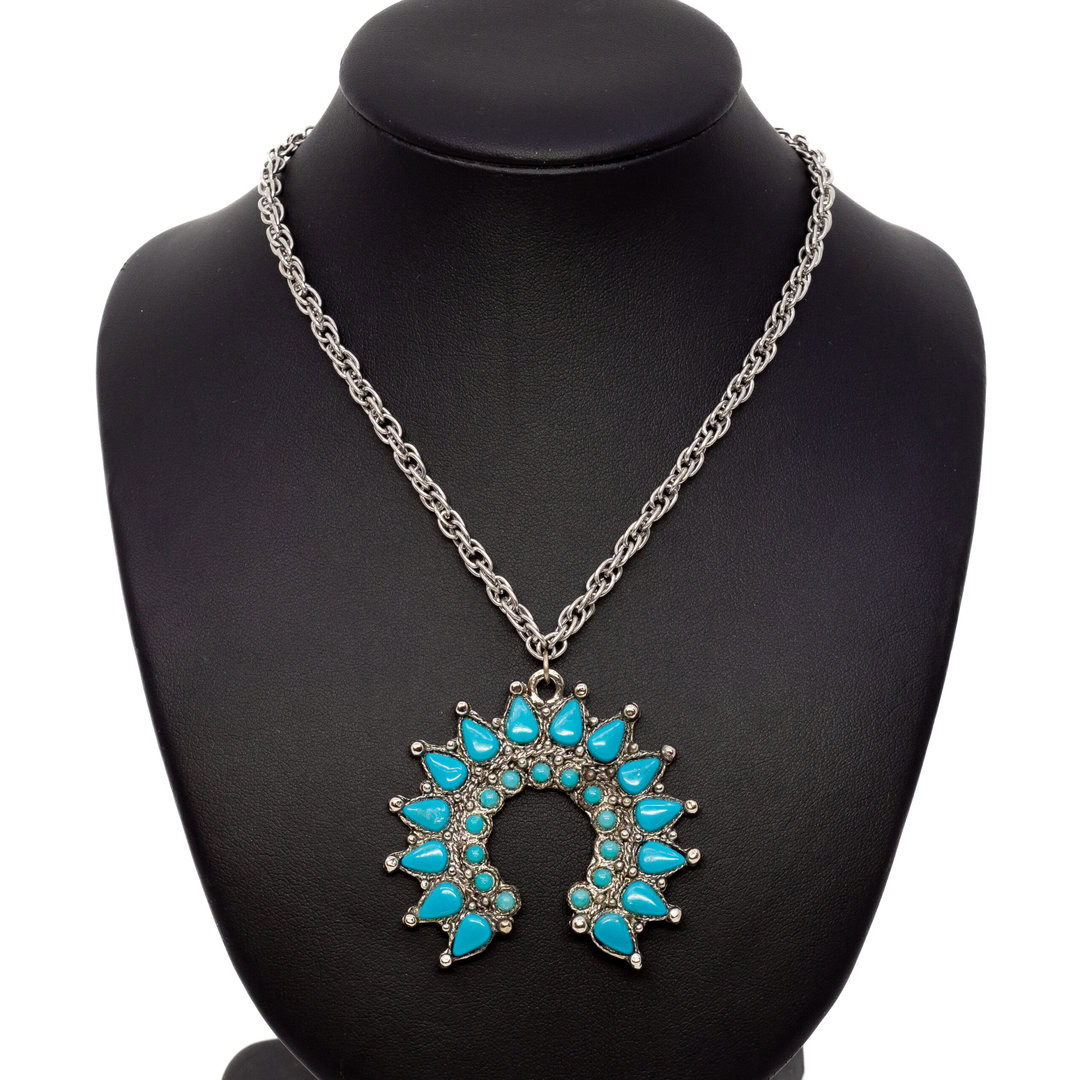 Silver Toned Metal Necklace with Large Blue Stone Horseshoe Pendant #62902