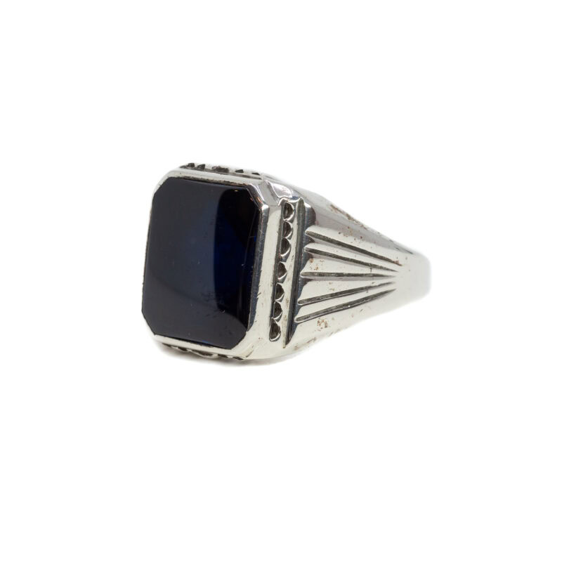 Sterling Silver Rectangular Signet Ring Dark Blue Stone Size U #7138-11
