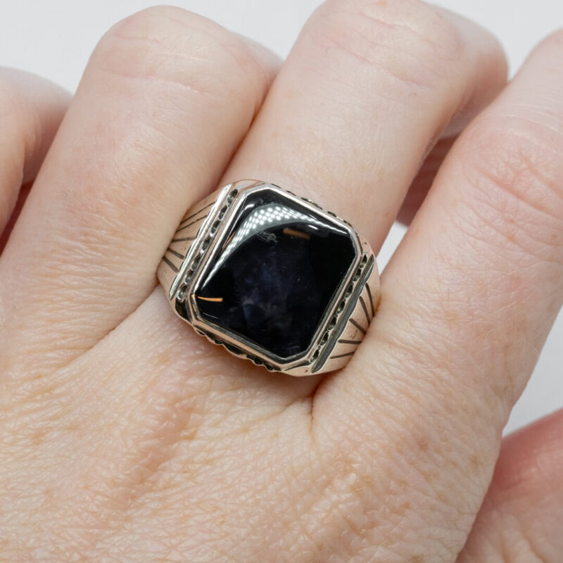 Sterling Silver Rectangular Signet Ring Dark Blue Stone Size U #7138-11