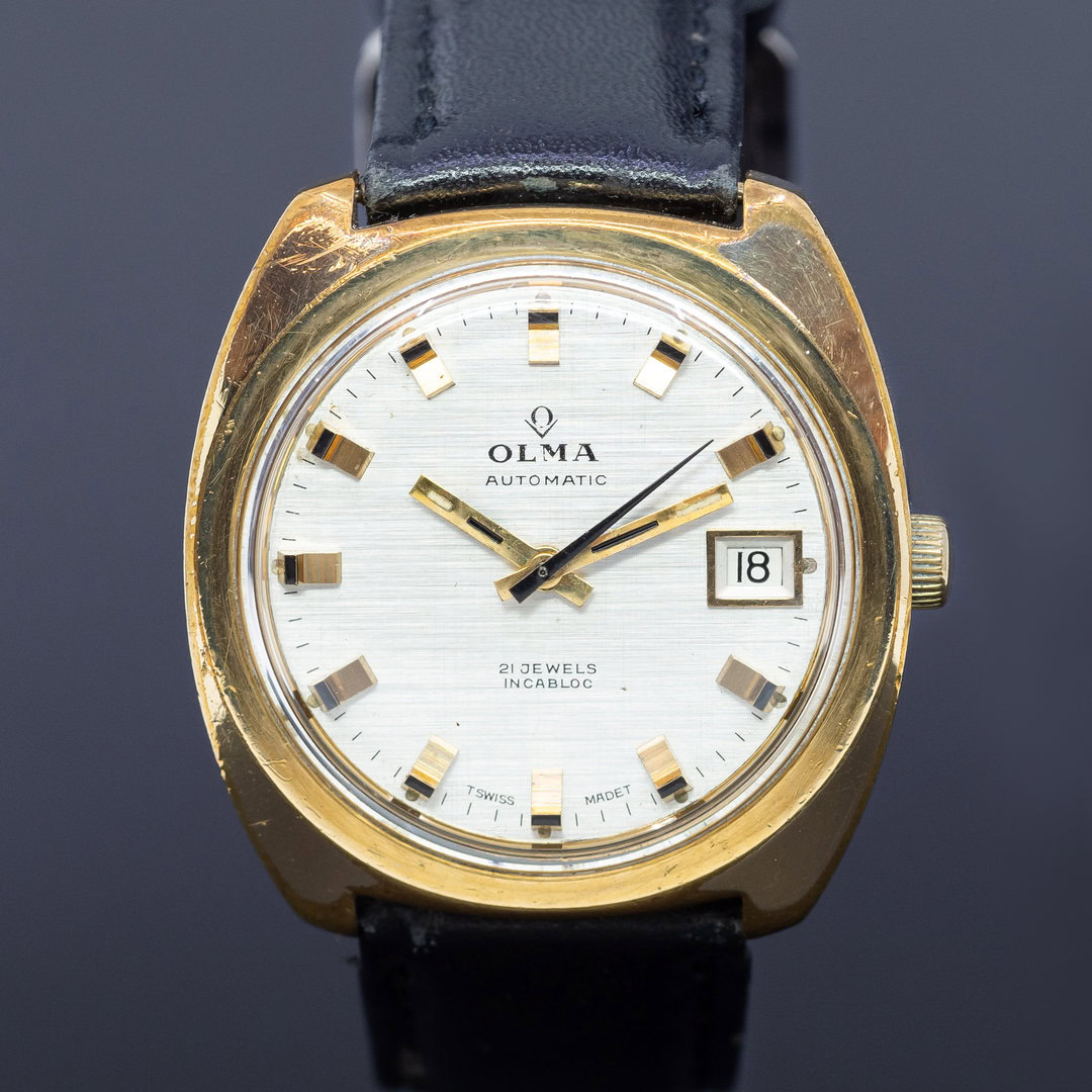 Vintage Olma Gold Automatic Swiss Watch 0797-3 Cross Hatched Dial #63247