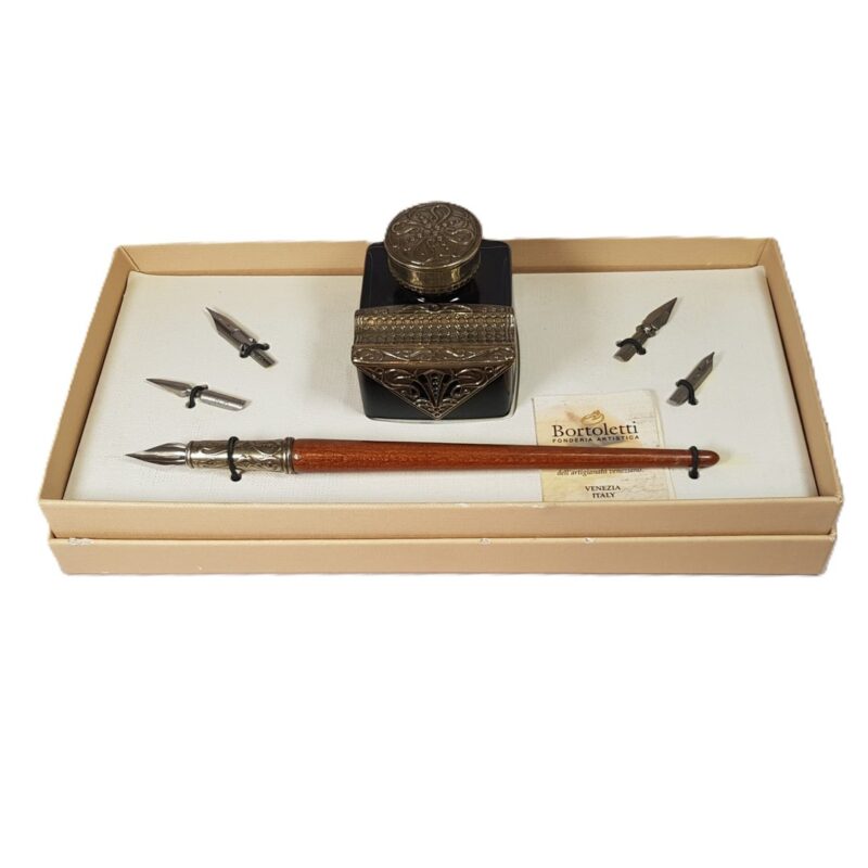 Bortoletti Writing SET61 Wooden Pen Inkwell (with Ink) Penrest & Blotter #45526