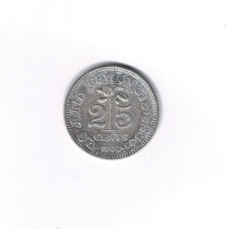 1908 Ceylon 80% Silver 25 Cents Coin #64292-10