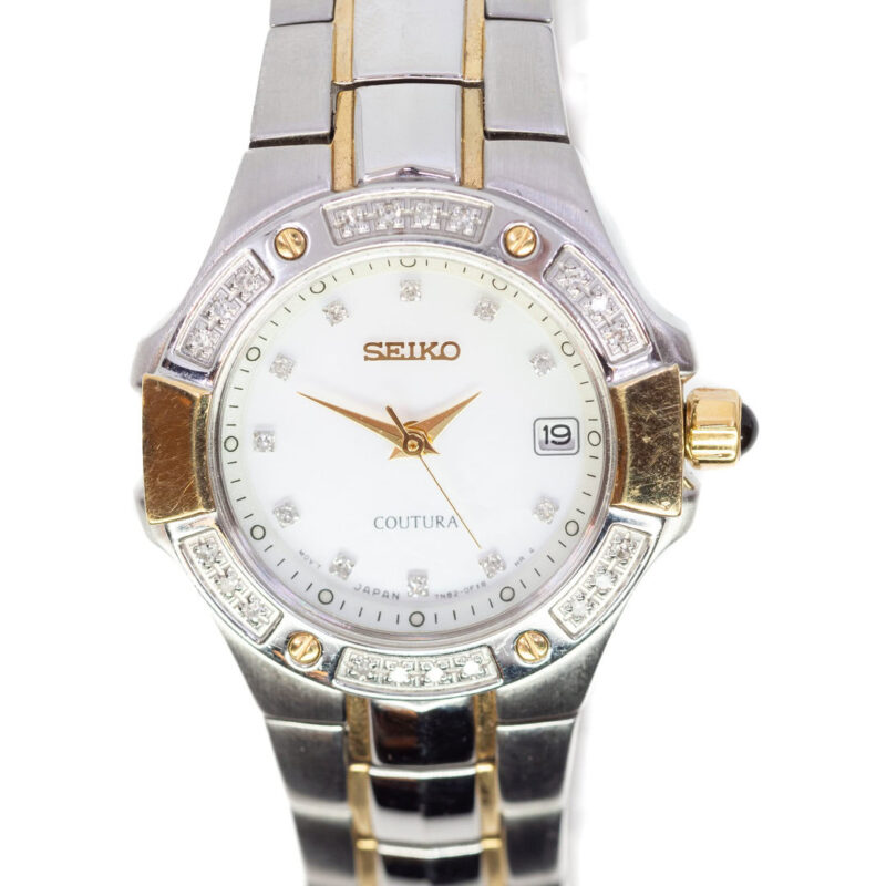 Seiko Coutura 2-Tone Ladies Diamond Bezel Mother of Pearl Dial Watch 7N82-0CG0 #63243