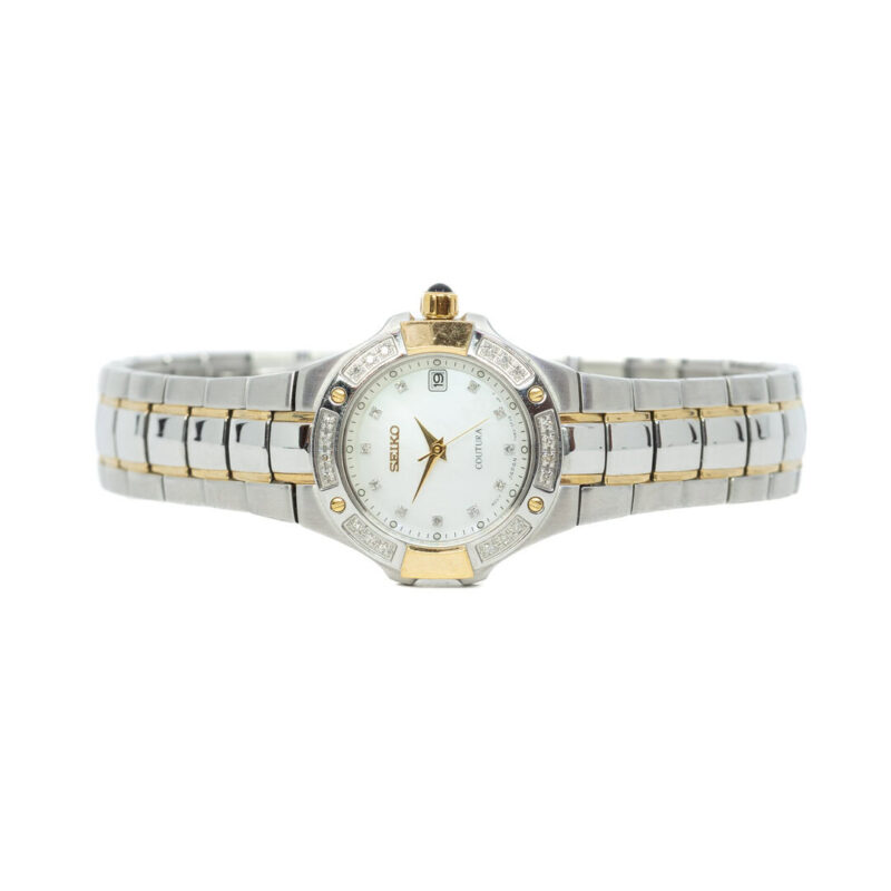 Seiko Coutura 2-Tone Ladies Diamond Bezel Mother of Pearl Dial Watch 7N82-0CG0 #63243