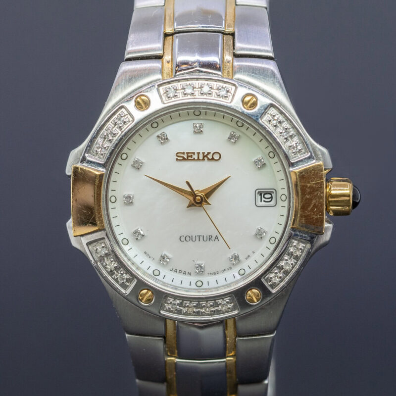 Seiko Coutura 2-Tone Ladies Diamond Bezel Mother of Pearl Dial Watch 7N82-0CG0 #63243