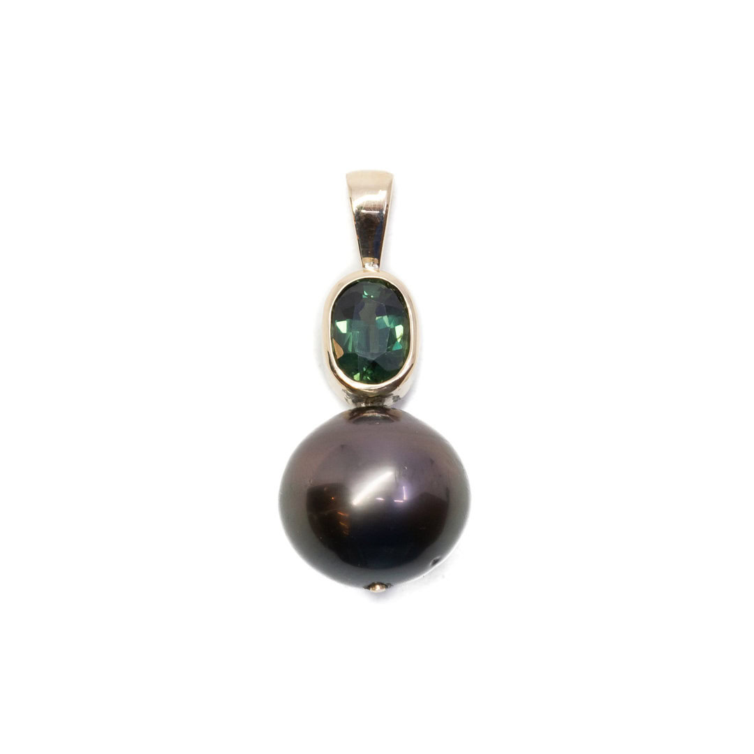 Handmade 9ct Yellow Gold Green Sapphire & Tahitian Pearl Pendant #37660