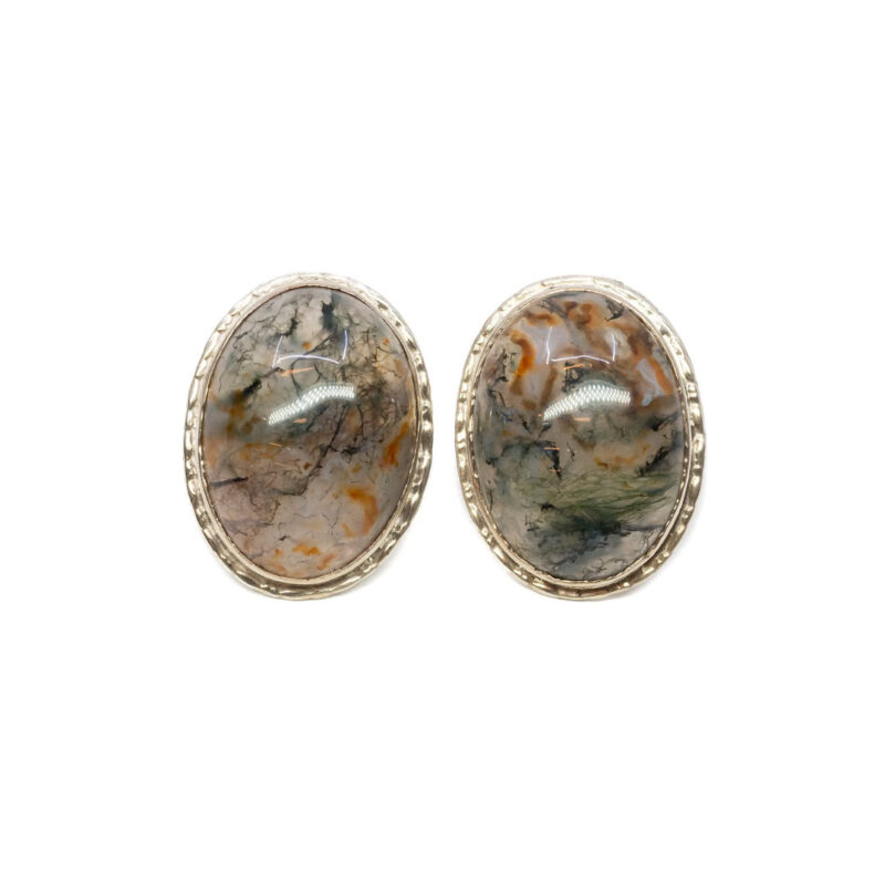 Sterling Silver Moss Agate Cabochon Stud Earrings #63381