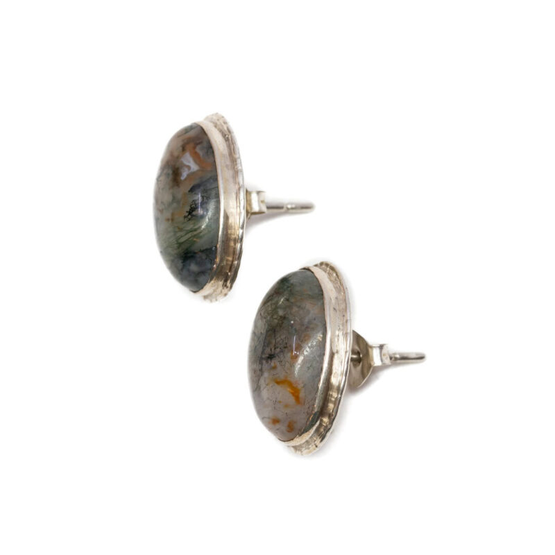 Sterling Silver Moss Agate Cabochon Stud Earrings #63381