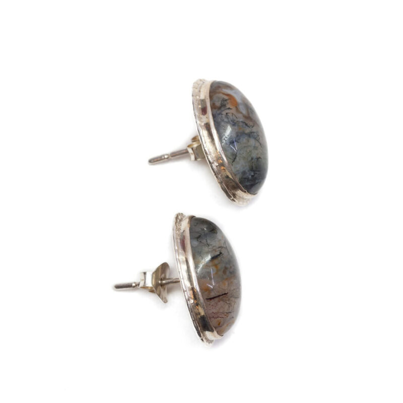 Sterling Silver Moss Agate Cabochon Stud Earrings #63381