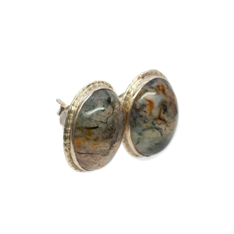 Sterling Silver Moss Agate Cabochon Stud Earrings #63381