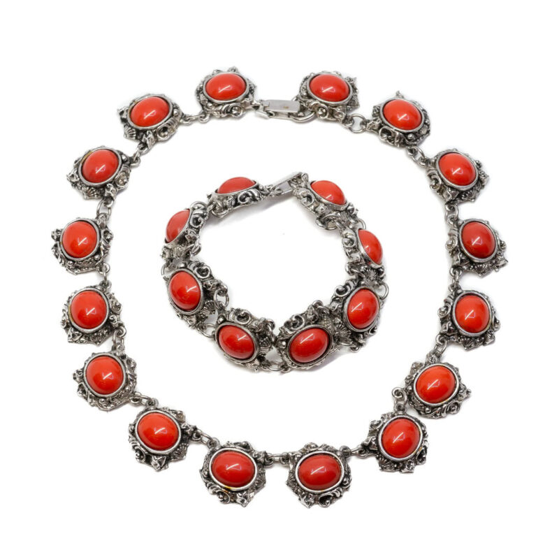 Ornate Silver Plated Necklace & Bracelet Costume Jewellery Set Orange Stones #9636-48