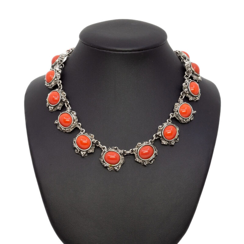 Ornate Silver Plated Necklace & Bracelet Costume Jewellery Set Orange Stones #9636-48