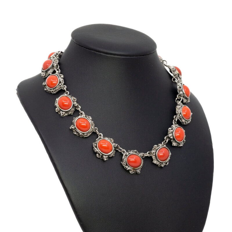 Ornate Silver Plated Necklace & Bracelet Costume Jewellery Set Orange Stones #9636-48