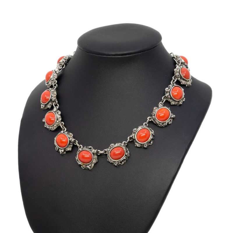 Ornate Silver Plated Necklace & Bracelet Costume Jewellery Set Orange Stones #9636-48