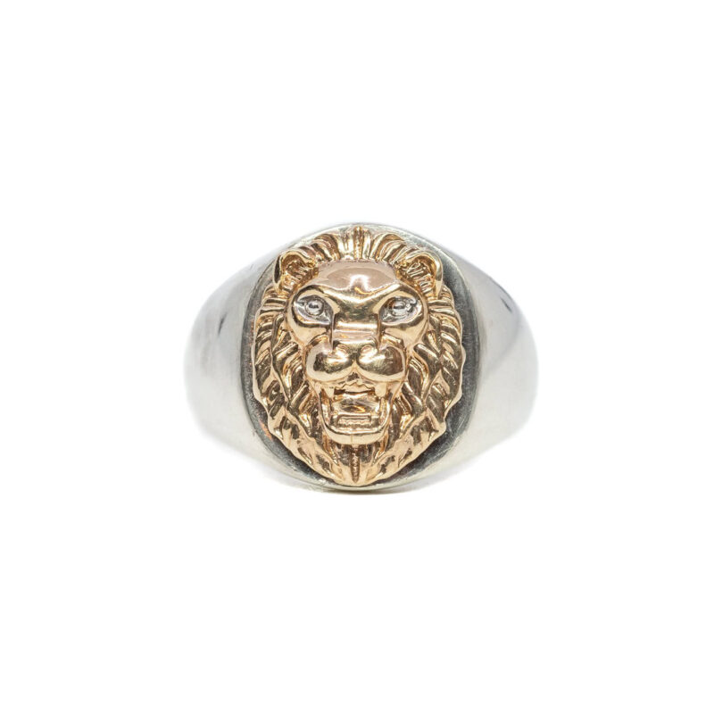 Sterling Silver Signet Ring With 9ct Yellow Gold Lion Head Size I 1/2 #64015