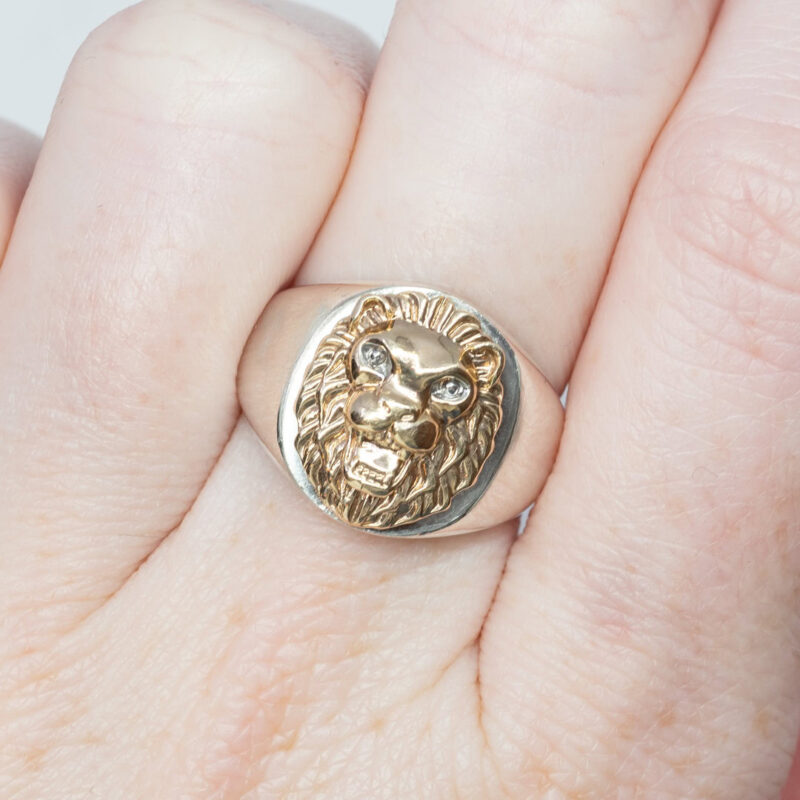 Sterling Silver Signet Ring With 9ct Yellow Gold Lion Head Size I 1/2 #64015