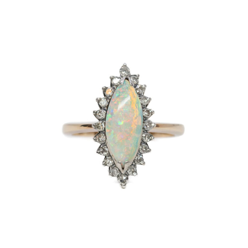 9ct Yellow Gold Marquise Opal & Diamond Halo Ring Size Q #60733