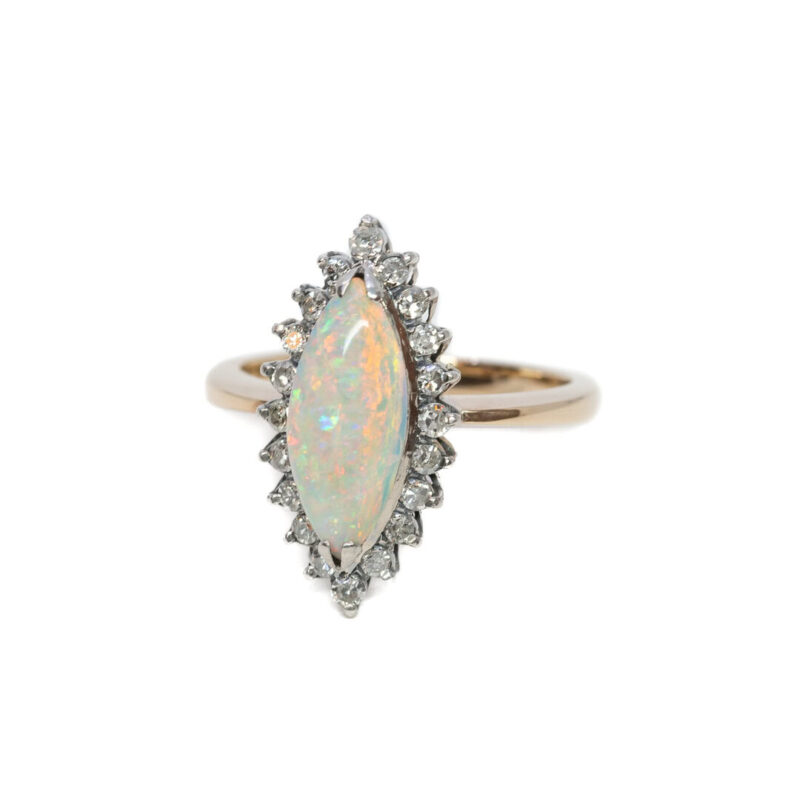 9ct Yellow Gold Marquise Opal & Diamond Halo Ring Size Q #60733