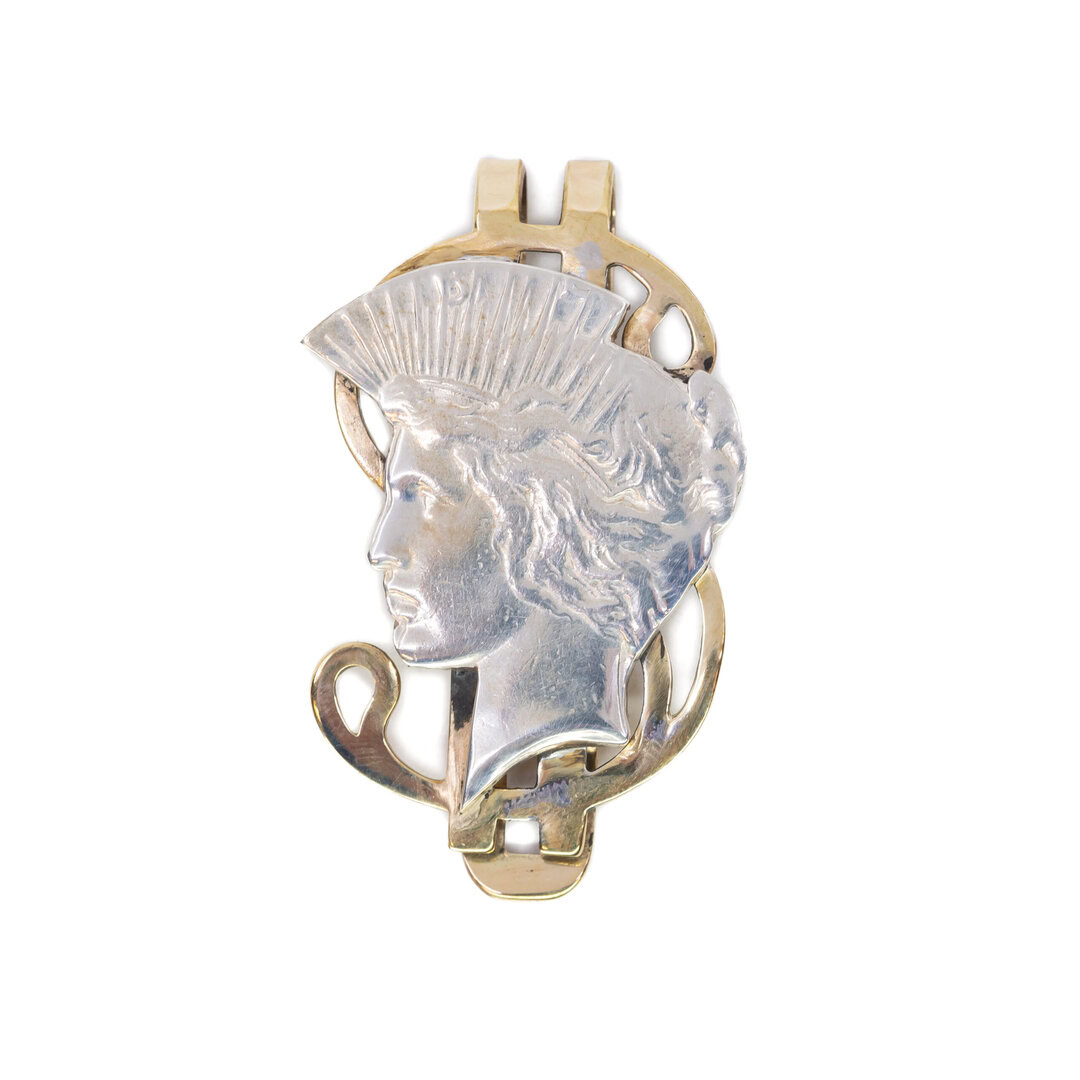 Vintage 900 Silver Head Peace Dollar on 14ct Gold Filled Money Clip #7138-9