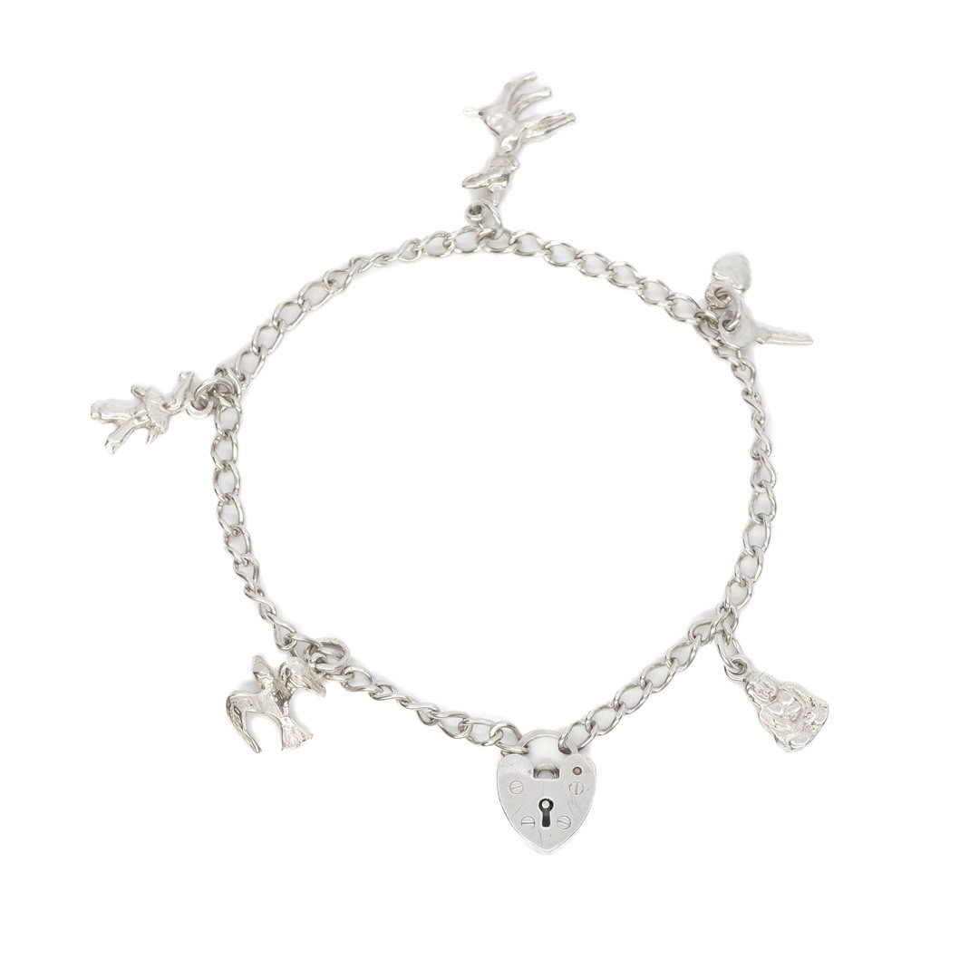 Vintage Sterling Silver Rounded Curb Link Bracelet With 5 Charms 19cm #7138-13