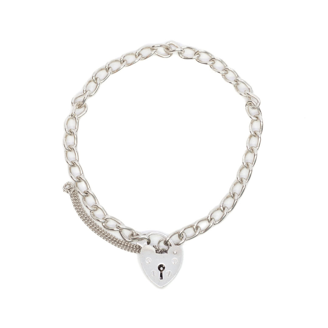 Vintage Sterling Silver Rounded Curb Link Bracelet with Heart Padlock Clasp 18.5cm #7138-8