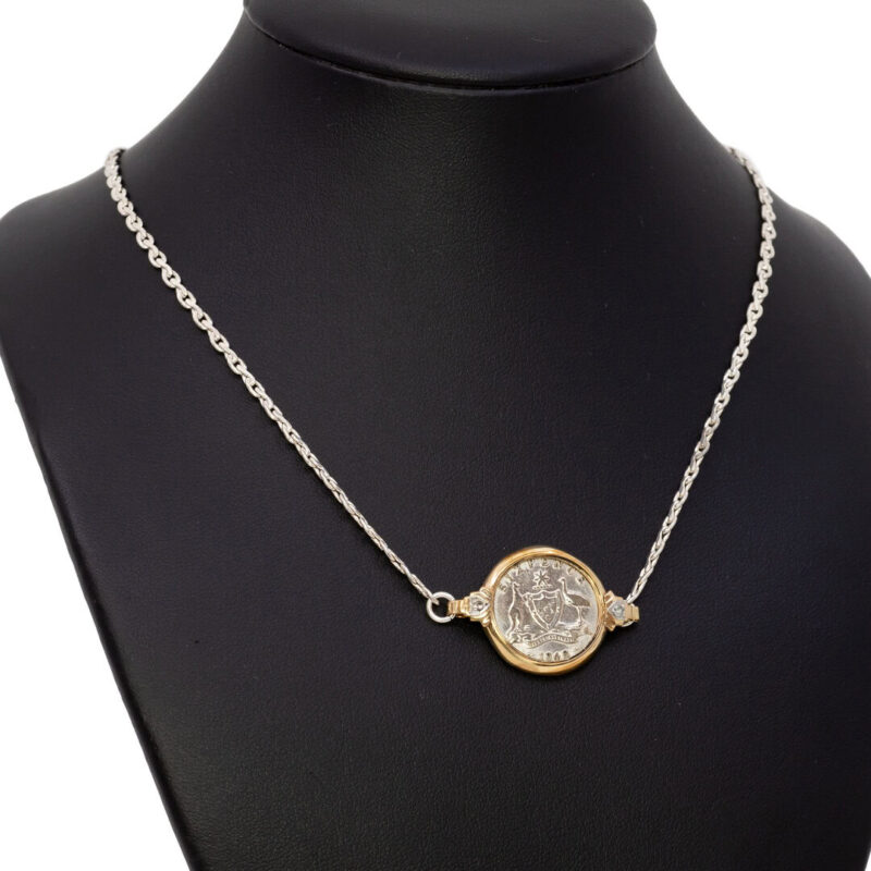 Vintage 1948 Sixpence Silver Coin & Diamond Pendant on Sterling Necklace 45cm #1193-20