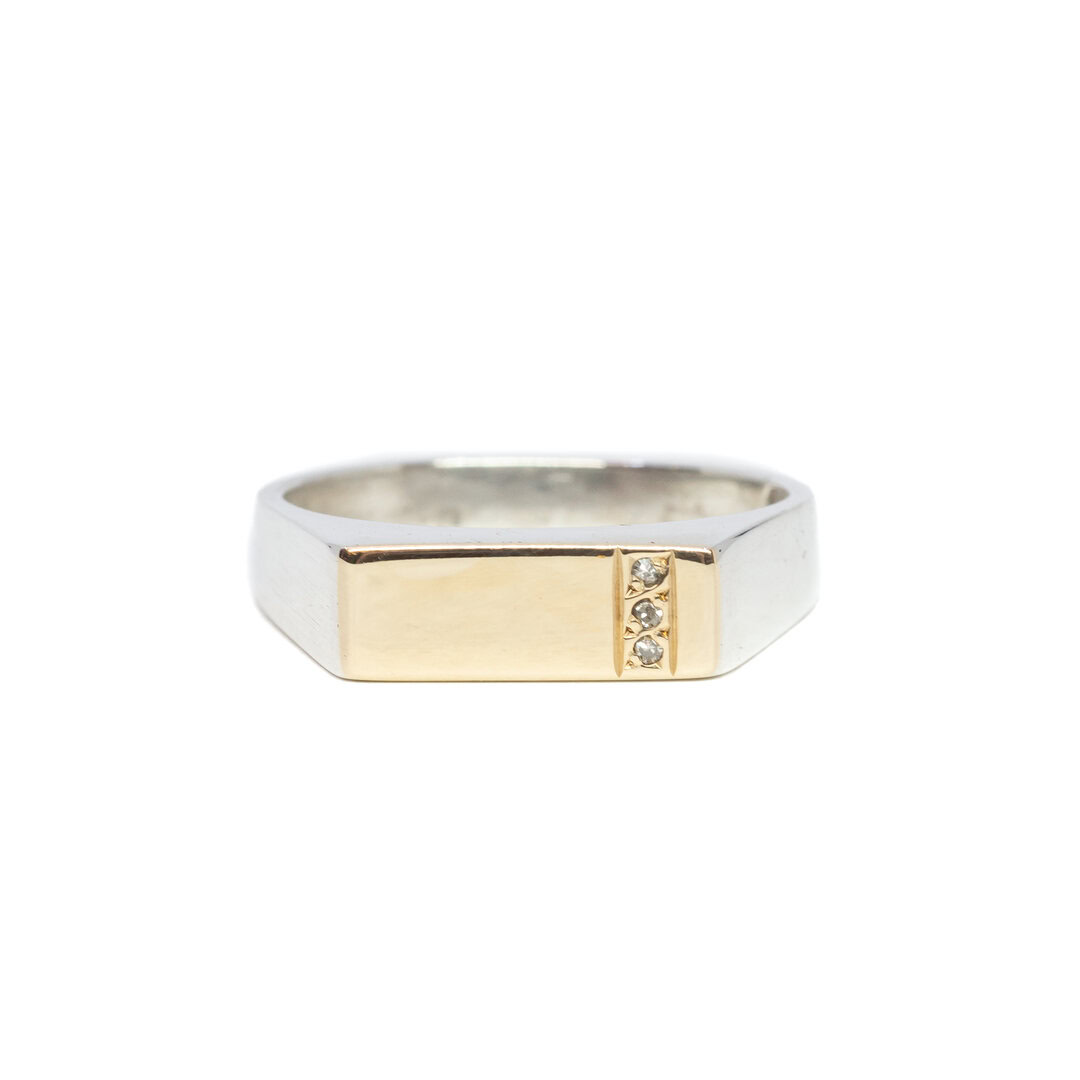 Sterling Silver and 9ct Yellow Gold White Sapphire Signet Ring Size U #9636-49