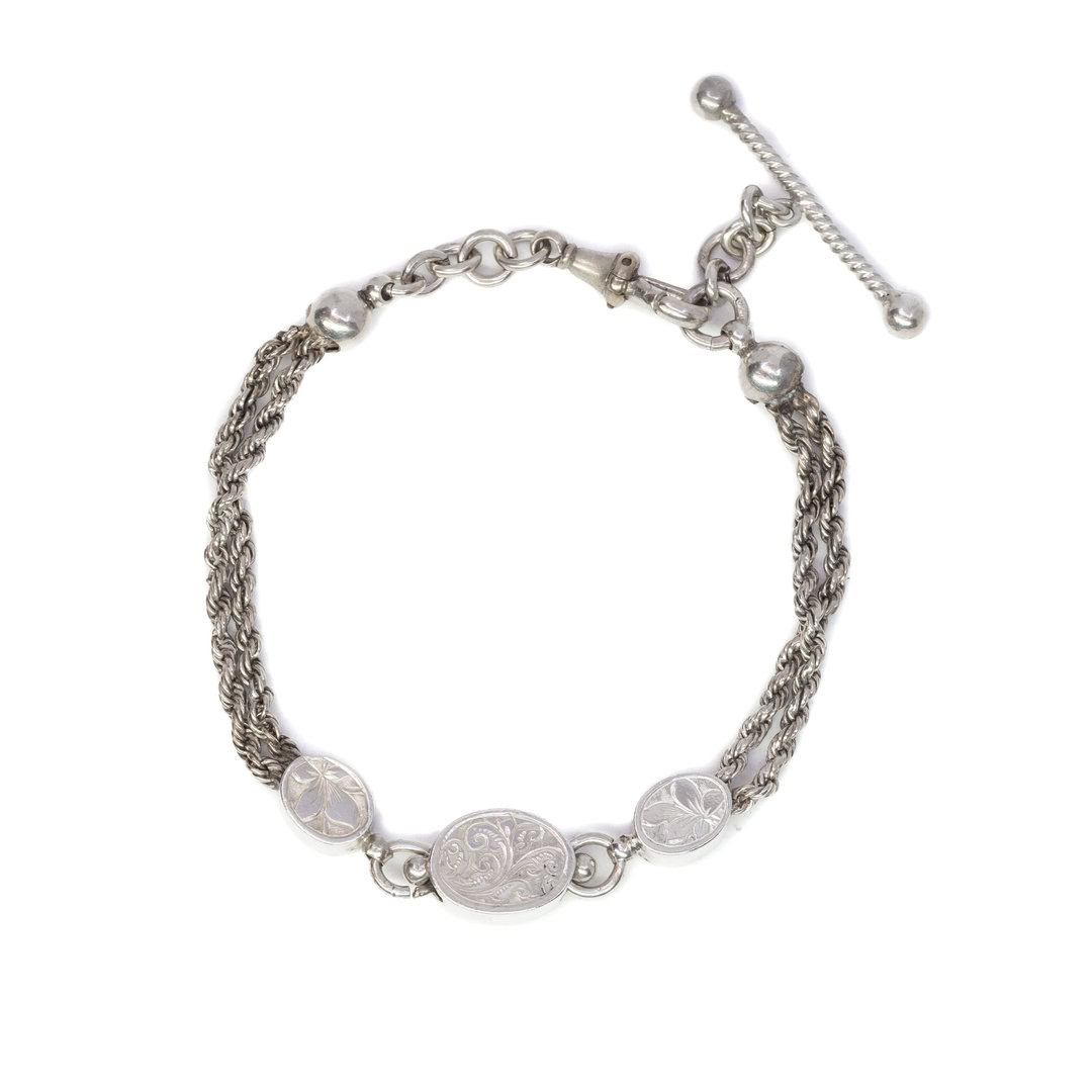 Vintage Sterling Silver Rope Chain Toggle Bracelet with Floral Design 22cm #1074-2