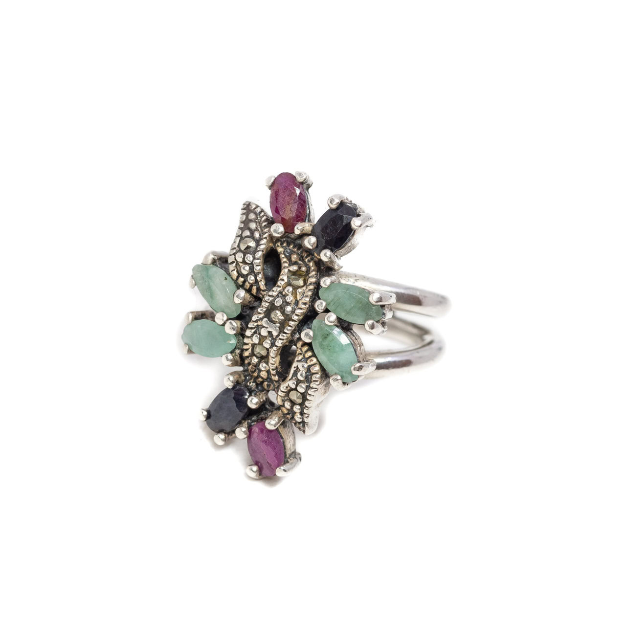 Sterling Silver Sapphire, Ruby, Emerald and Marcasite Ring Size M #1074-4