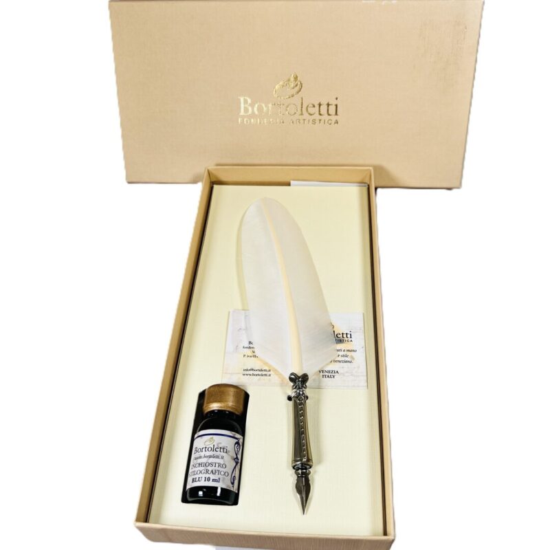 Bortoletti Calligraphy Pen Set White/bianco Feathered Quill & Ink SET83 #45524-5