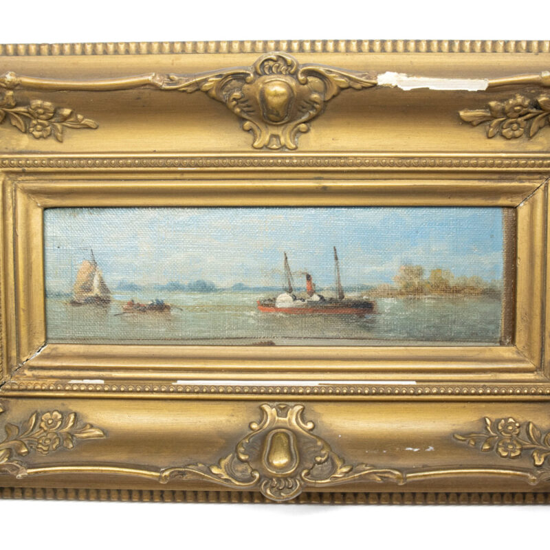 Pair of Antique Oil Paintings - Fishing & Boating in Ornate Frames #63347