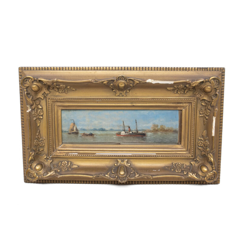 Pair of Antique Oil Paintings - Fishing & Boating in Ornate Frames #63347