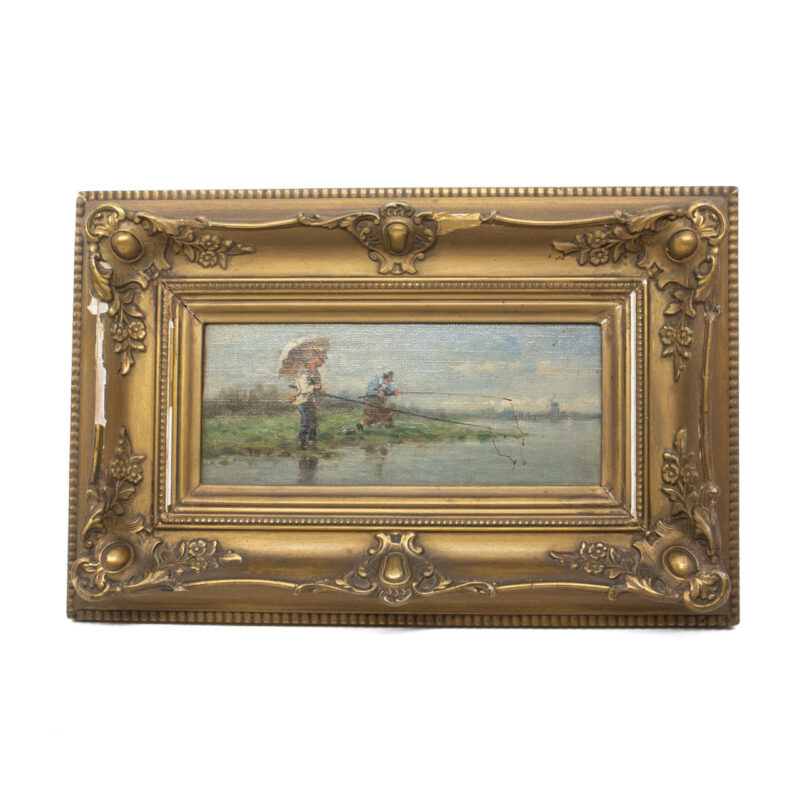 Pair of Antique Oil Paintings - Fishing & Boating in Ornate Frames #63347