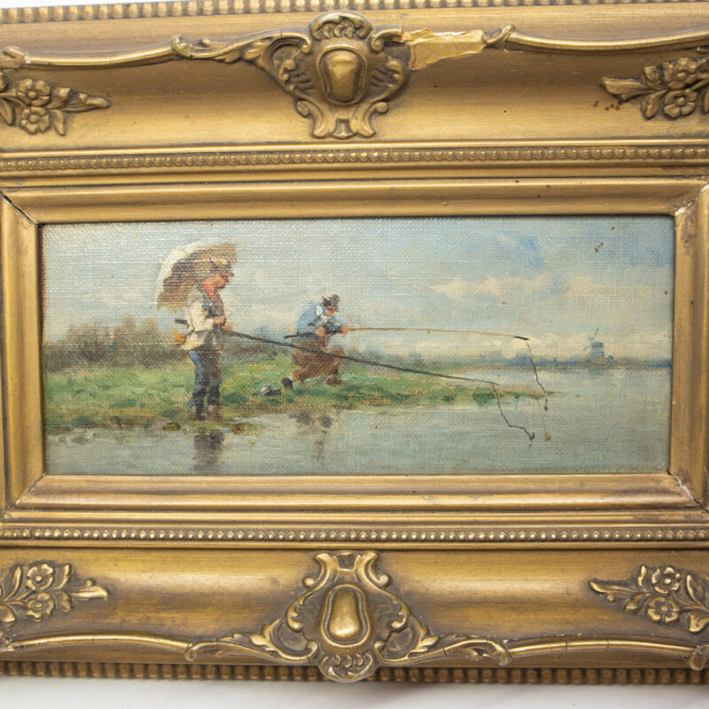 Pair of Antique Oil Paintings - Fishing & Boating in Ornate Frames #63347