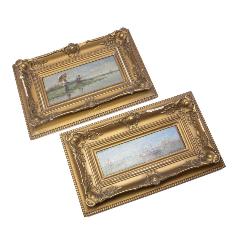 Pair of Antique Oil Paintings - Fishing & Boating in Ornate Frames #63347