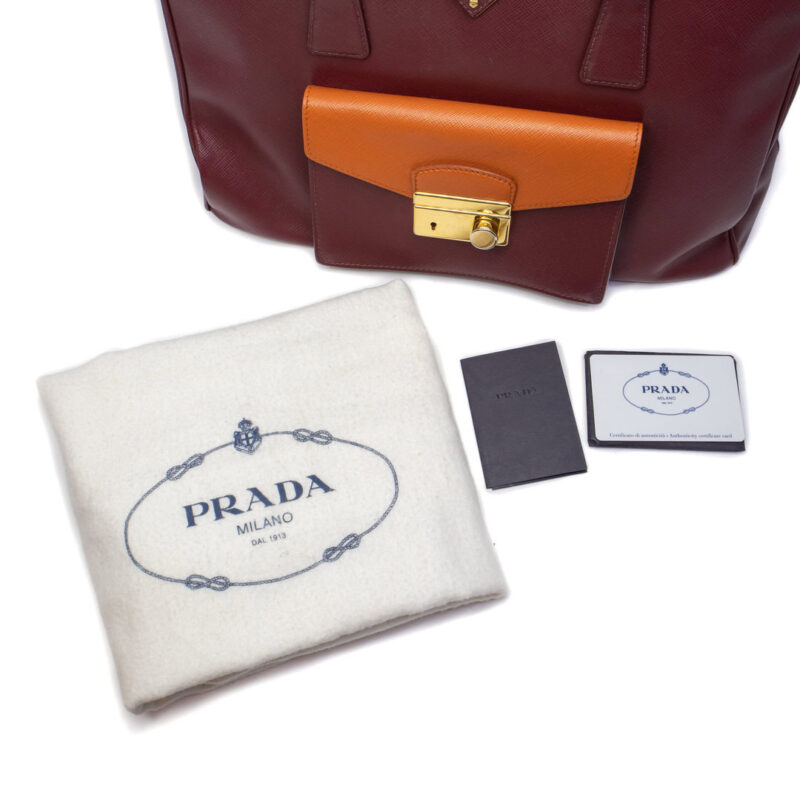 Prada Saffiano Lux Cerise & Papaya BN2674 Handbag + Card / Dust Bag / COA #64412