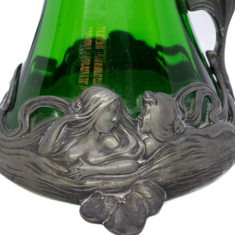 Antique WMF Claret Jug Green Glass Liner Art Nouveau Maiden #64179