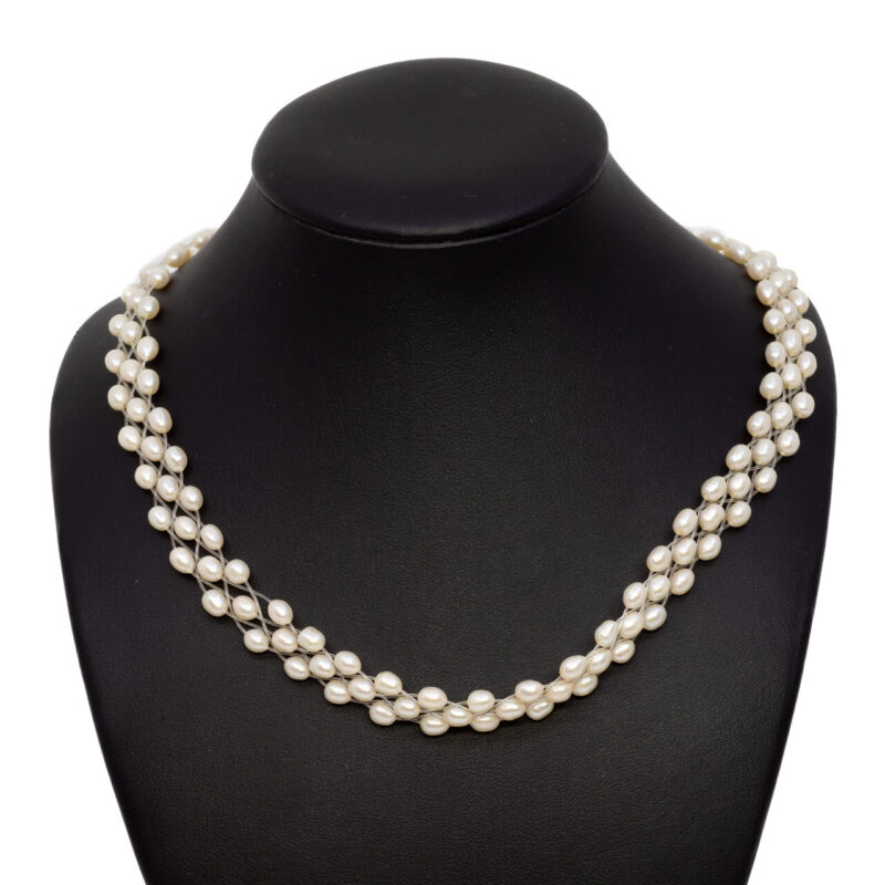 Sterling Silver Triple Strand Mesh Freshwater Pearl Strand Necklace 42cm #1074-19