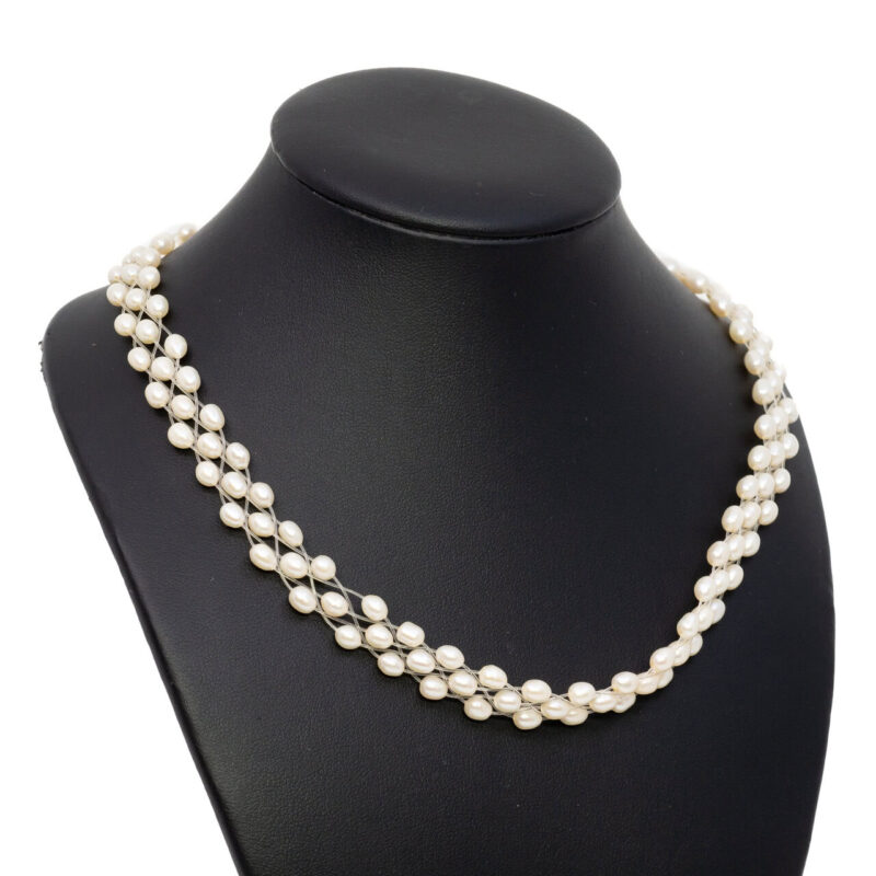 Sterling Silver Triple Strand Mesh Freshwater Pearl Strand Necklace 42cm #1074-19