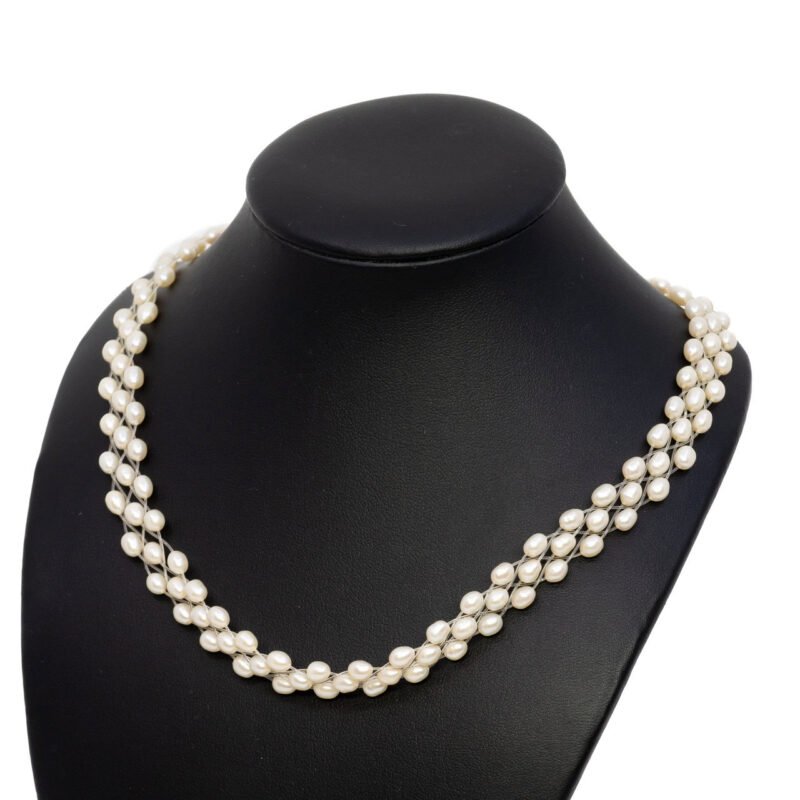 Sterling Silver Triple Strand Mesh Freshwater Pearl Strand Necklace 42cm #1074-19