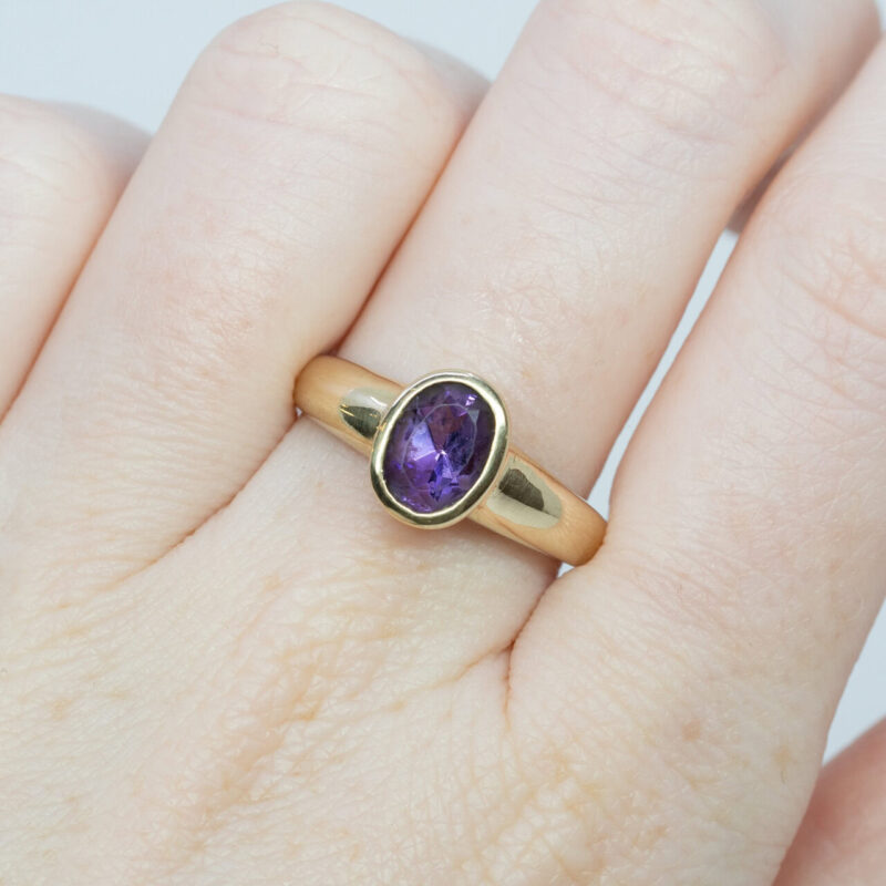 9ct Yellow Gold Bezel Set Amethyst Ring Size P 1/2 #64248