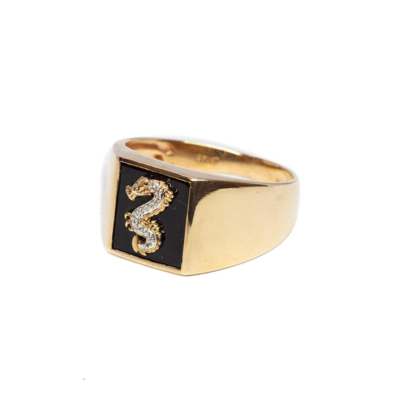 9ct Yellow Gold Dragon Rectangular Onyx Signet Ring Size X 1/2 #61843