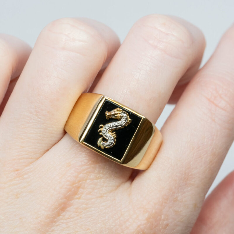 9ct Yellow Gold Dragon Rectangular Onyx Signet Ring Size X 1/2 #61843 - Image 2