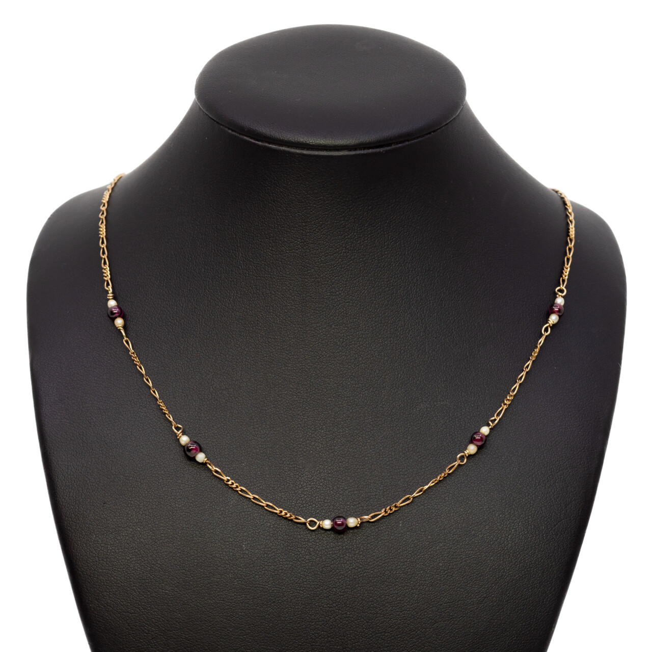 9ct Yellow Gold Rhodolite Garnet & Seed Pearl Figaro Necklace 45cm #1193-4